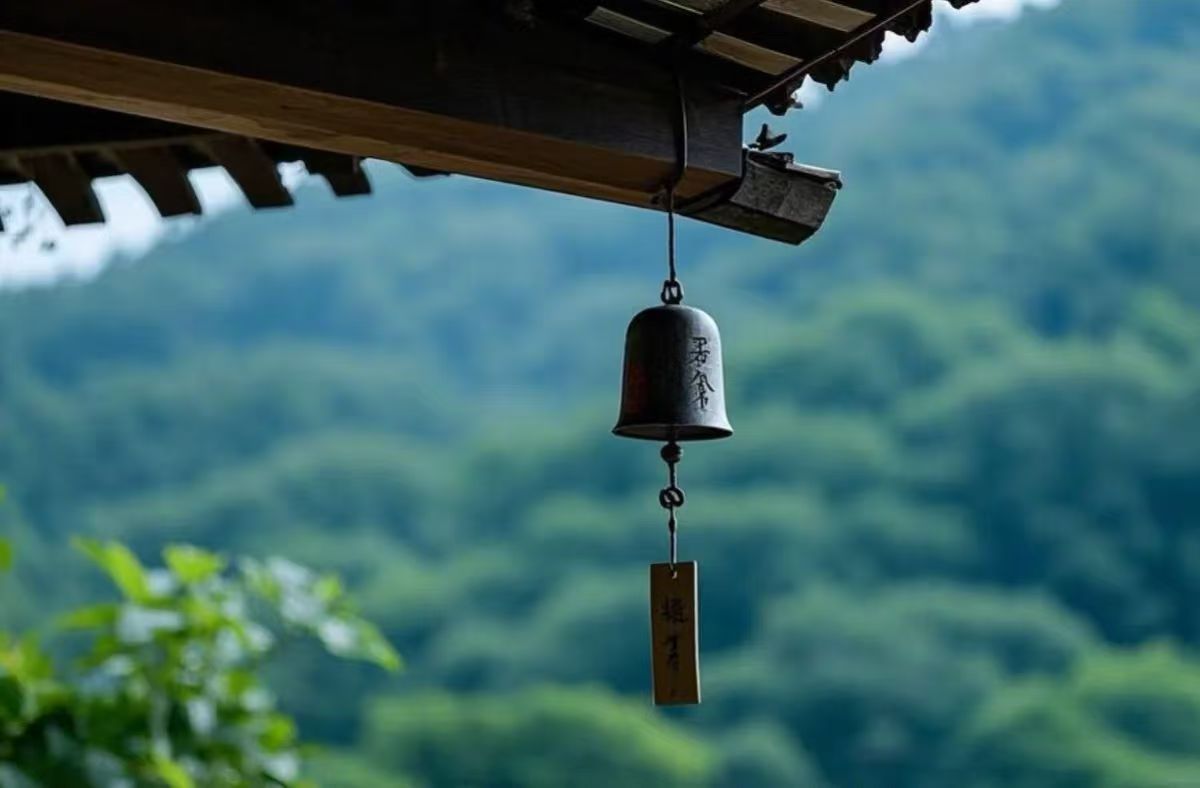 A temple wind bell overlooking green mountains